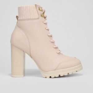 Bota Coturno Cano Curto Vizzano knit Salto Alto Grosso Feminina – Off White